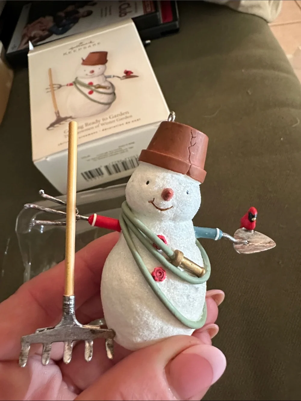 Vintage 2007/Hallmark White Snowman with Brown Hat and Green Hose Ornament